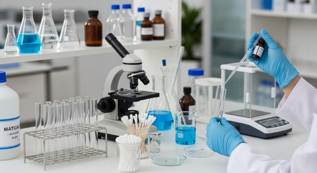 Uma pessoa usando luvas azuis utiliza uma pipeta para transferir líquido para um tubo de ensaio em um laboratório moderno. Sobre a bancada branca, há um microscópio, béqueres com líquido azul, swabs de algodão e uma balança de precisão.