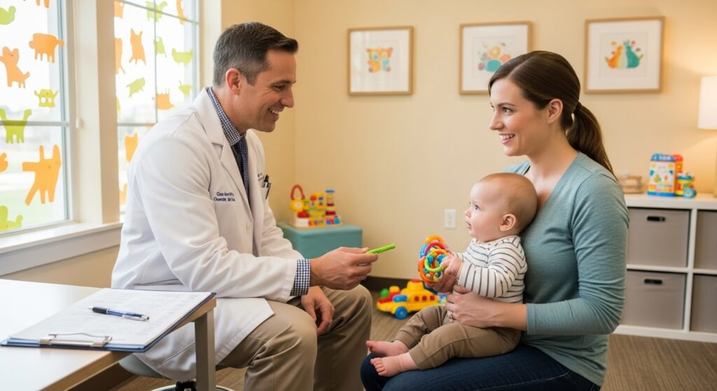 Um médico pediatra sorridente, vestindo jaleco branco, interage com um bebê sentado no colo da mãe durante uma consulta. O médico segura um brinquedo colorido para distrair a criança. O consultório é bem iluminado, decorado com brinquedos e quadros infantis ao fundo