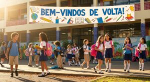 Crianças com uniformes escolares e mochilas caminham pelo pátio de uma escola em um dia ensolarado. Acima delas, uma grande faixa branca com letras azuis diz 'BEM-VINDOS DE VOLTA!', decorada com desenhos de materiais escolares