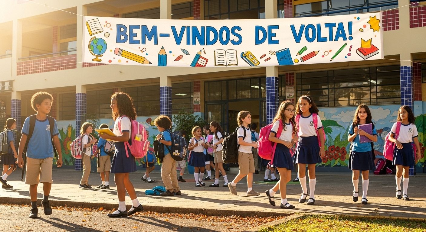 Crianças com uniformes escolares e mochilas caminham pelo pátio de uma escola em um dia ensolarado. Acima delas, uma grande faixa branca com letras azuis diz 'BEM-VINDOS DE VOLTA!', decorada com desenhos de materiais escolares