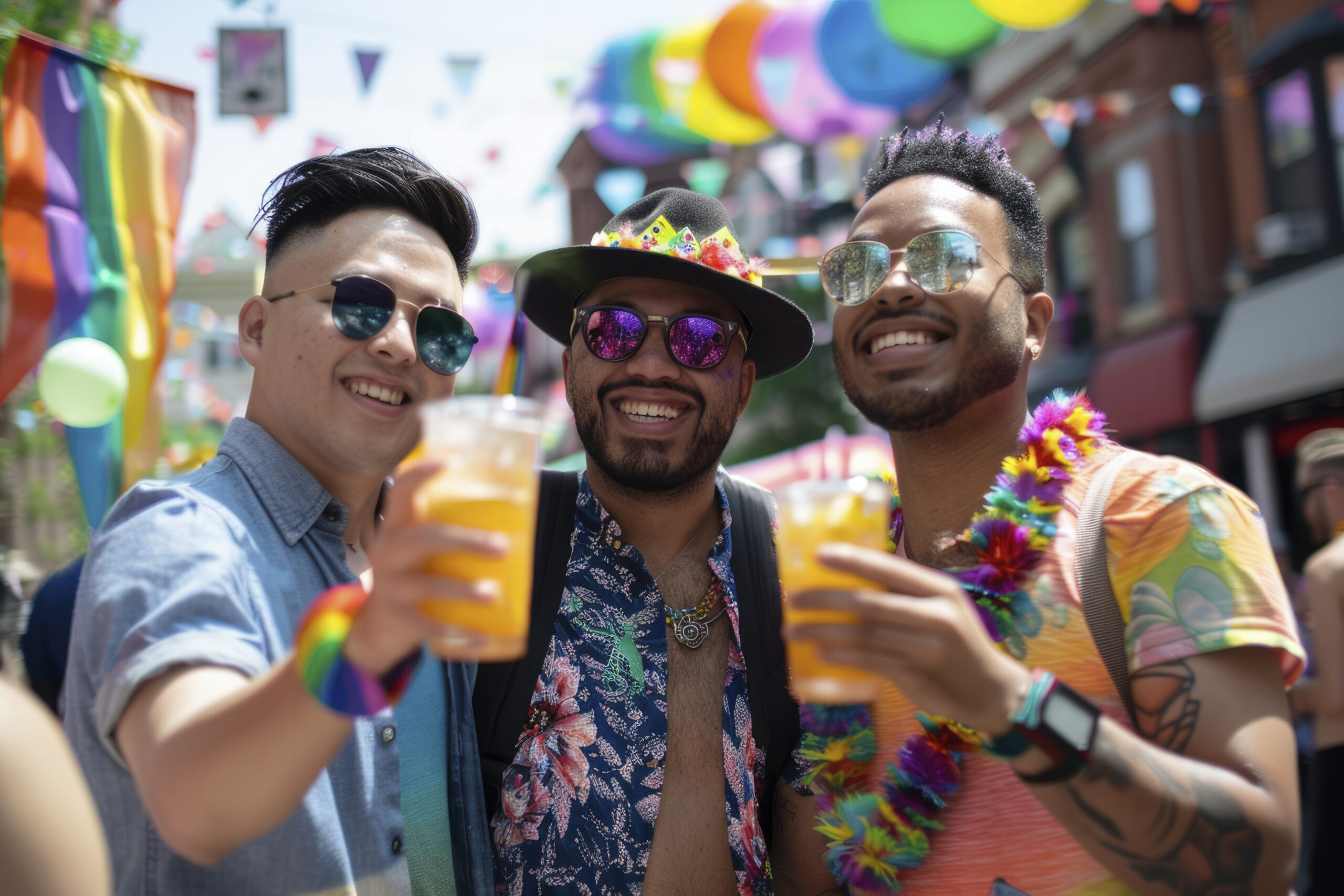 Três homens sorridentes celebrando em um evento festivo ao ar livre. Eles usam óculos escuros, adereços coloridos e seguram copos com bebidas tropicais, com bandeiras e decorações de arco-íris ao fundo.
